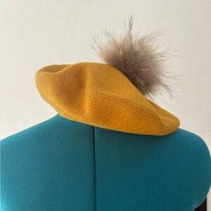 Elegant Mustard Beret with Rabbit Fur Pom